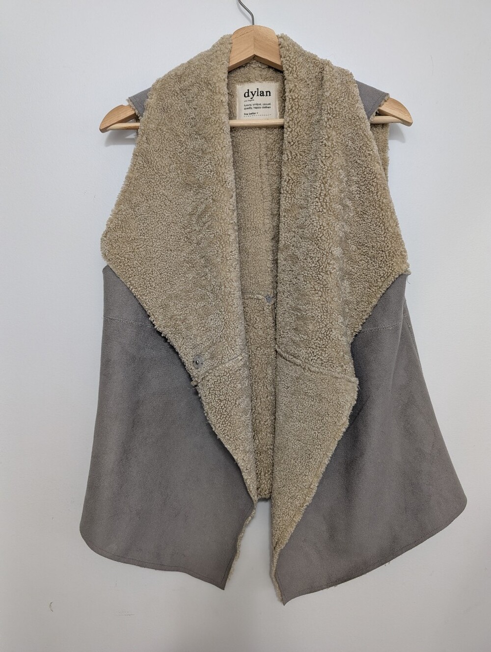 Dylan Medium Fur Vest Faux Grey Suede Boho Tan Furry Cozy Inside Asymmetrical